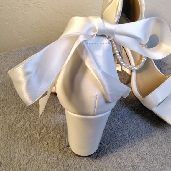 Adorose White Satin Heels Block with Pearl Ankle Straps Size 10 with Bow Bridal - Picture 9 of 14